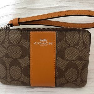 Tan Coach Wristlet with Orange Leather Accents